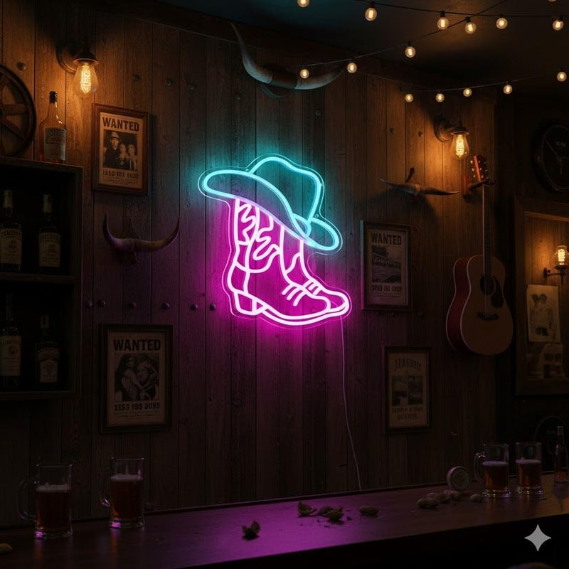 Manimo Cowboy Boot and Hat LED Neon Sign,Western Country Wall Decor for Bar, Man Cave, Garage,Pink White Aesthetic Rodeo Neon Light, Unique Christmas Birthday Gifts(13x15 in) - Image 3